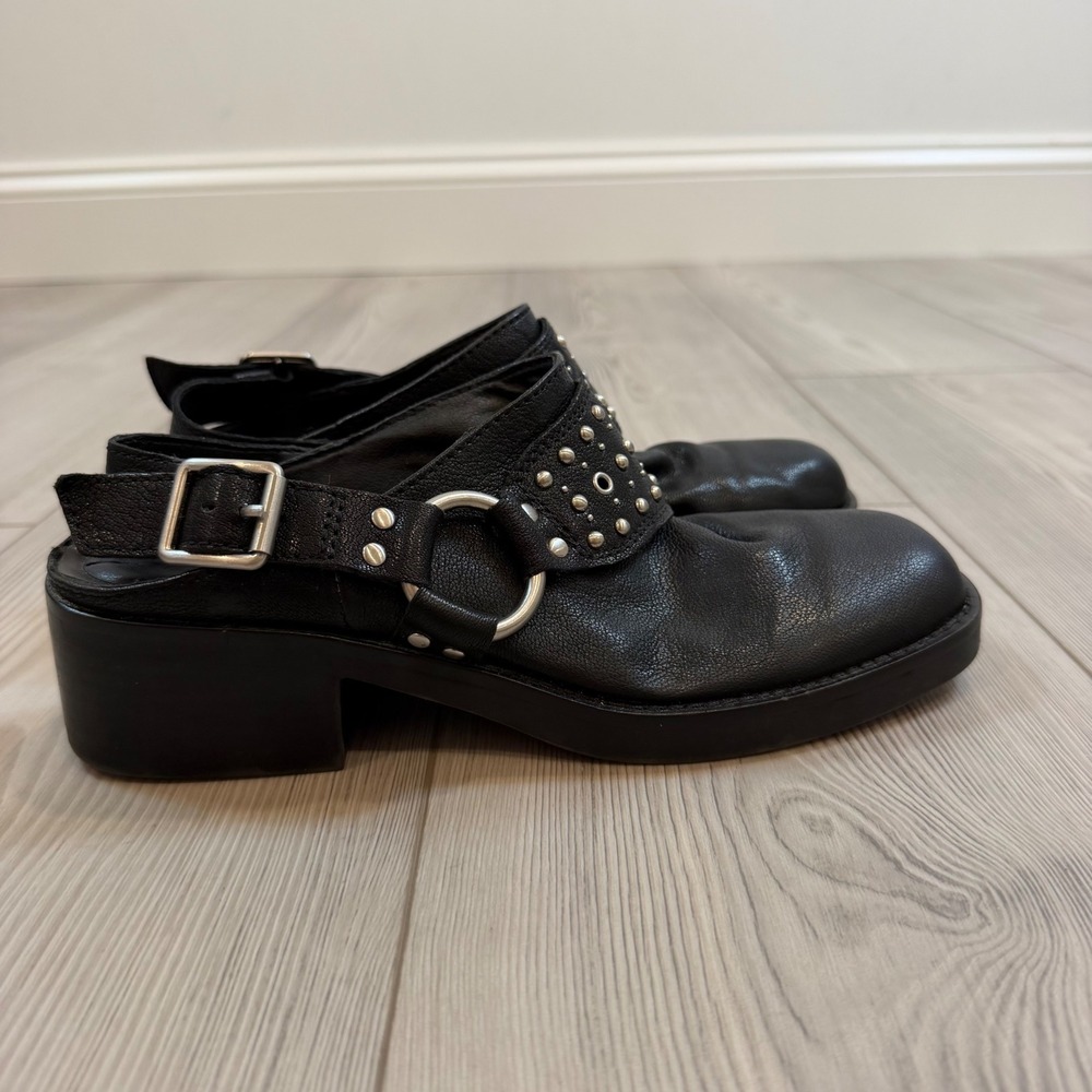 Lucky Brand Kalv Black Leather Studded Slingback Clogs Mules Square Toe 6.5M/37